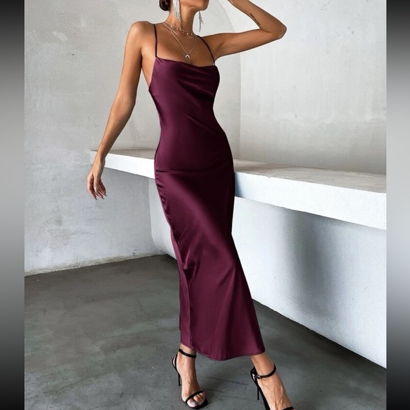 Luxe tie open back satin cami party formal evening wedding dress - Picture 14 of 16